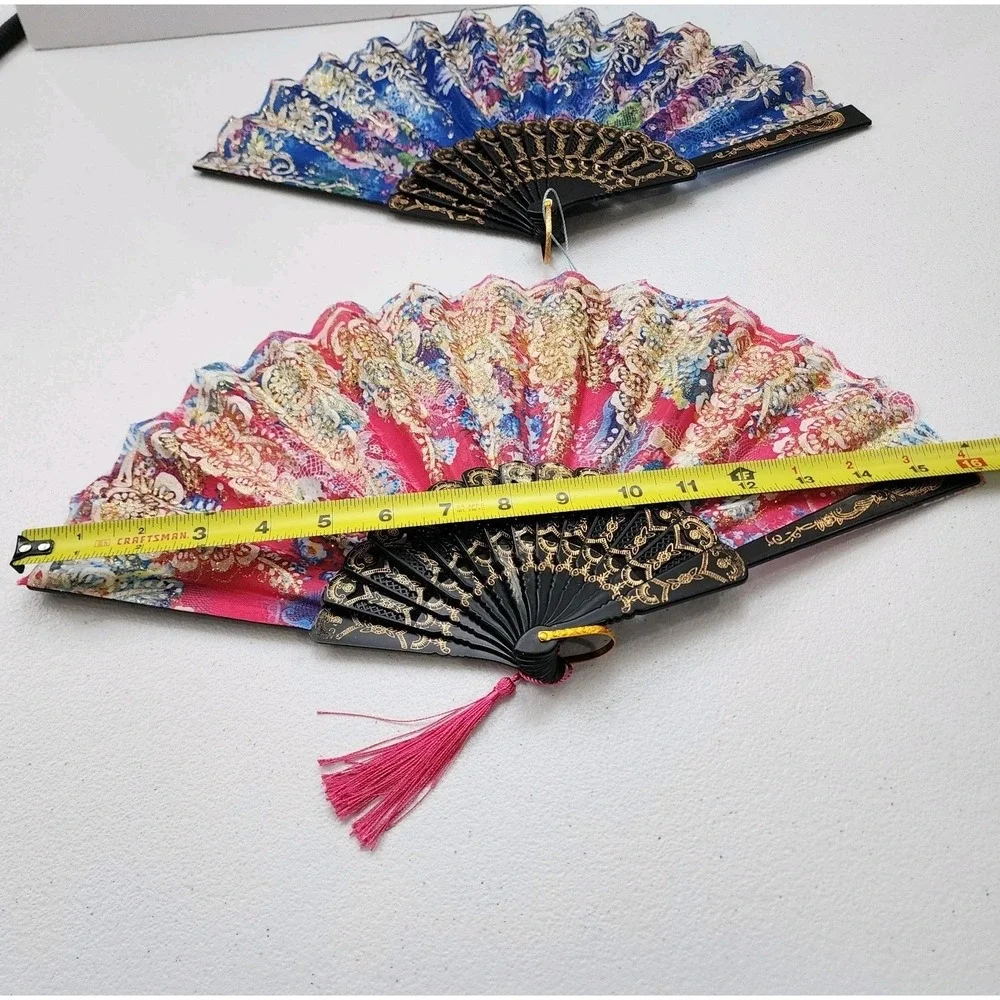 Vintage Japanese Flora Handheld Fan 2 Piece BLUE AND PINK